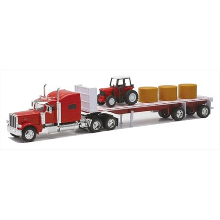 NEW RAY Peterbilt 389 Flatbed with Hay and Farm Tractor Long Hauler Toy Truck 6PK 10293A